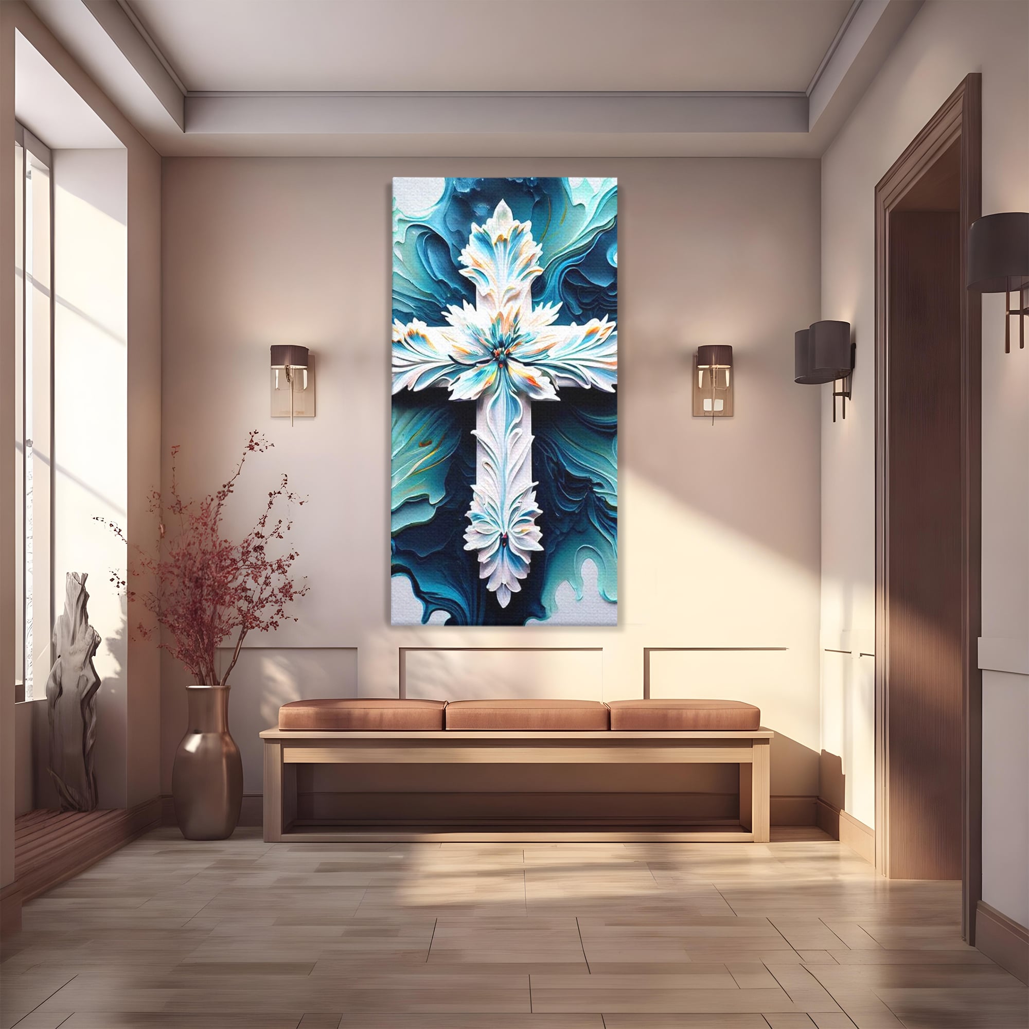 Tablou canvas cu tablou canvas cu o cruce florala, fara rama, pe sasiu de lemn